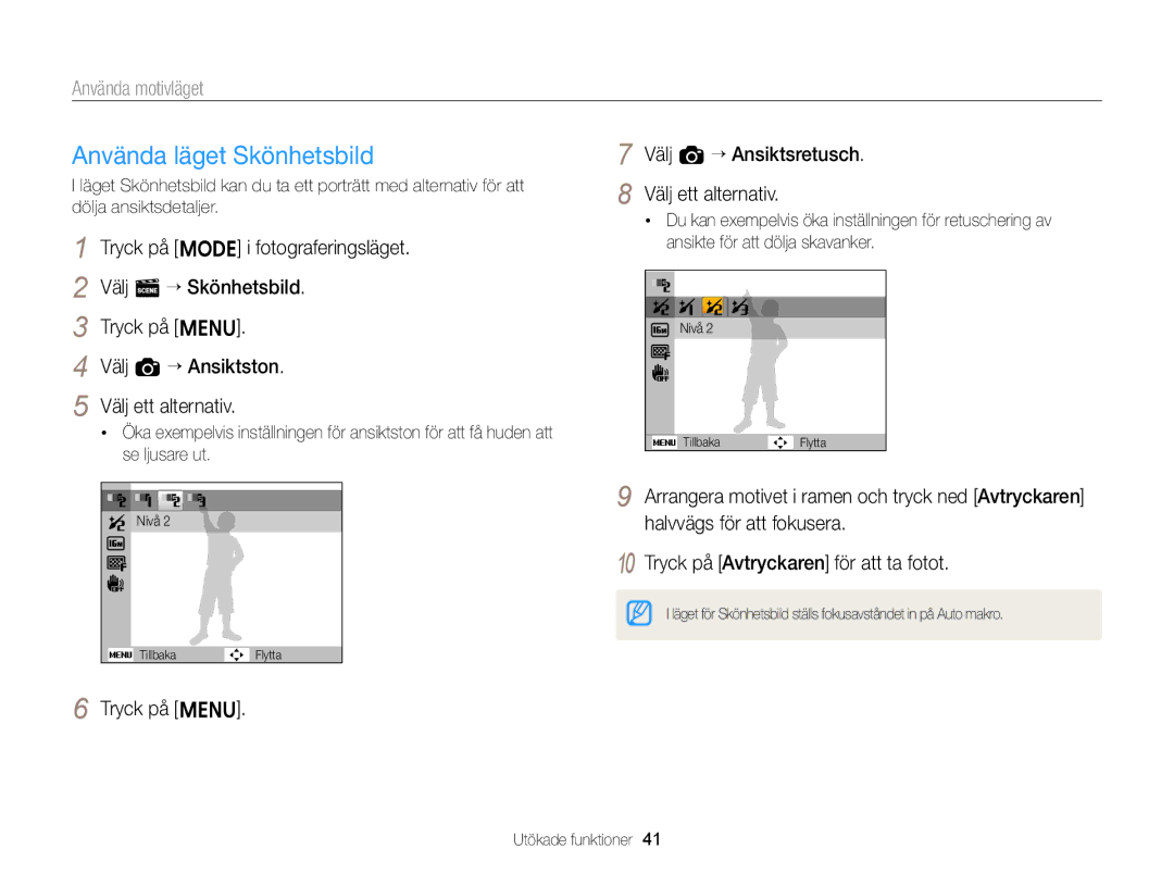 Samsung EC-ST79ZZBPWE2, EC-ST76ZZFPWE2 Använda läget Skönhetsbild, Tryck på m Välj a “ Ansiktsretusch Välj ett alternativ 