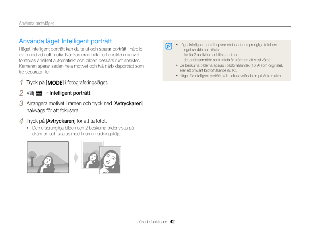 Samsung EC-ST76ZZFPWE2, EC-ST79ZZBPWE2, EC-ST76ZZBPRE2, EC-ST76ZZBPSE2, EC-ST76ZZFPLE2 Använda läget Intelligent porträtt 