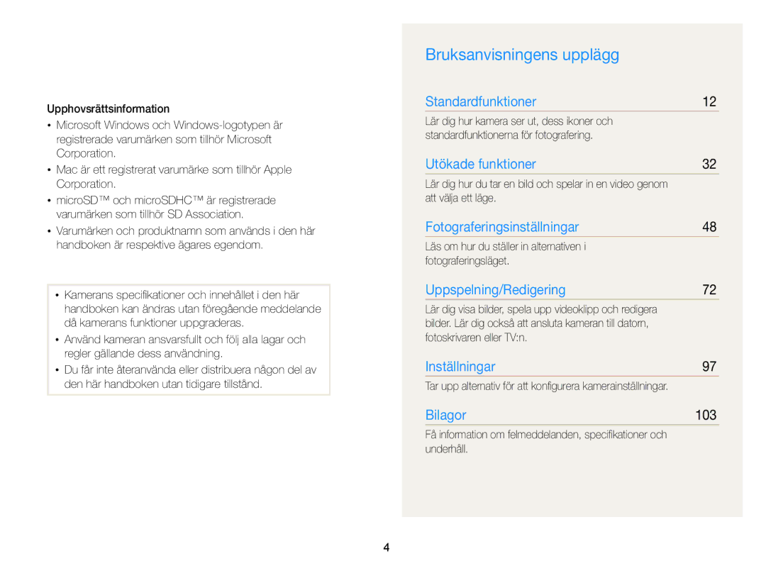 Samsung EC-ST77ZZBPWE2, EC-ST79ZZBPWE2, EC-ST76ZZFPWE2, EC-ST76ZZBPRE2, EC-ST76ZZBPSE2 manual Bruksanvisningens upplägg, 103 