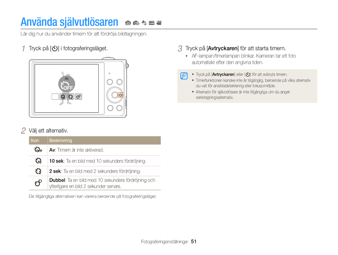 Samsung EC-ST79ZZBPBE2 manual Använda självutlösaren S p d s, Tryck på t i fotograferingsläget Välj ett alternativ 