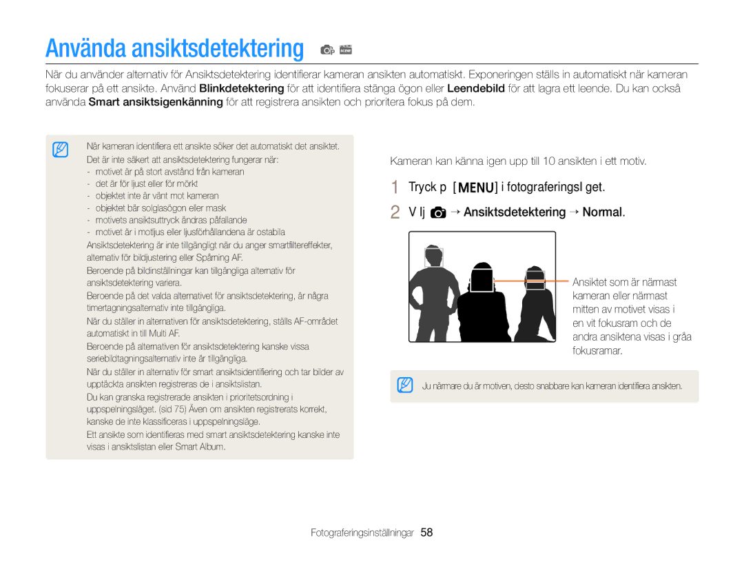 Samsung EC-ST76ZZBPSE2, EC-ST79ZZBPWE2, EC-ST76ZZFPWE2, EC-ST76ZZBPRE2 Använda ansiktsdetektering p s, Identiﬁera ansikten 