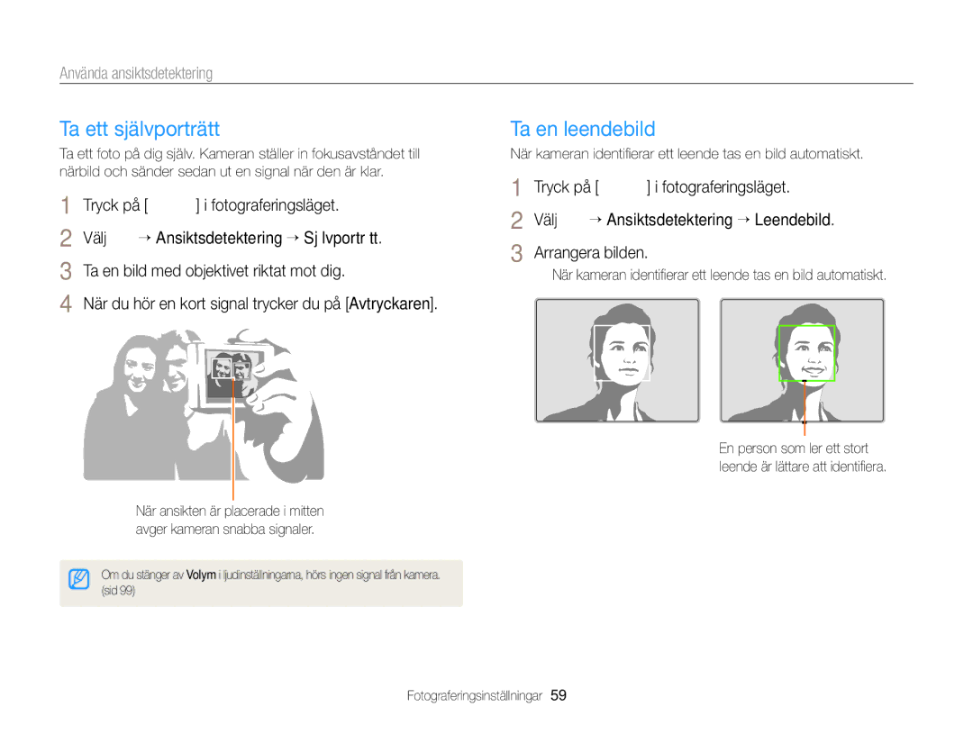 Samsung EC-ST76ZZFPLE2, EC-ST79ZZBPWE2, EC-ST76ZZFPWE2 Ta ett självporträtt, Ta en leendebild, Använda ansiktsdetektering 