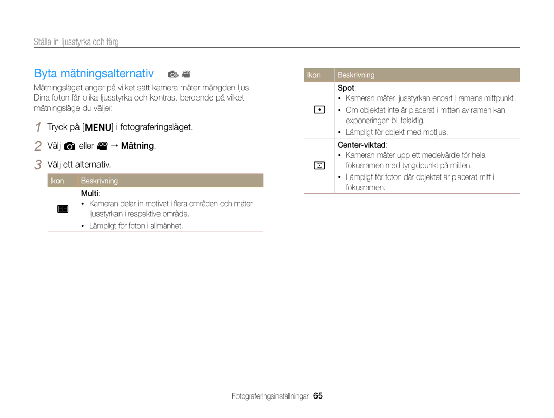 Samsung EC-ST79ZZBPBE2, EC-ST79ZZBPWE2, EC-ST76ZZFPWE2, EC-ST76ZZBPRE2 Byta mätningsalternativ p, Välj a eller v “ Mätning 