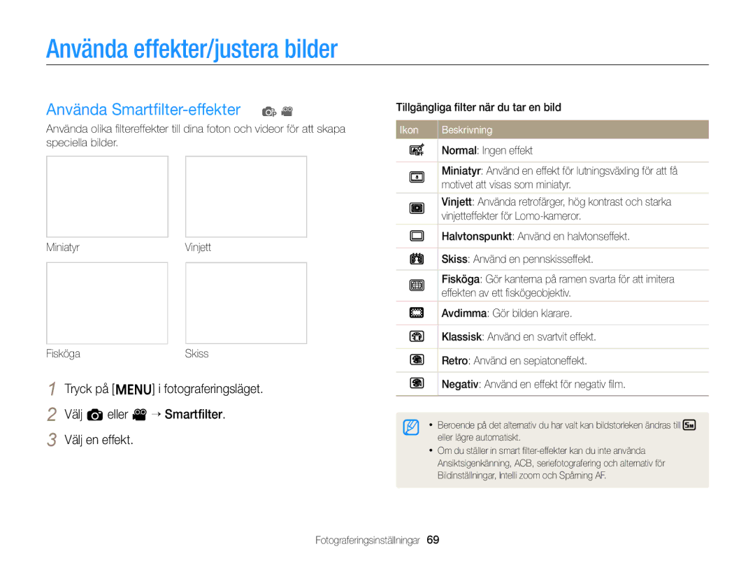 Samsung EC-ST79ZZBPWE2, EC-ST76ZZFPWE2, EC-ST76ZZBPRE2 manual Använda effekter/justera bilder, Använda Smartﬁlter-effekter p 