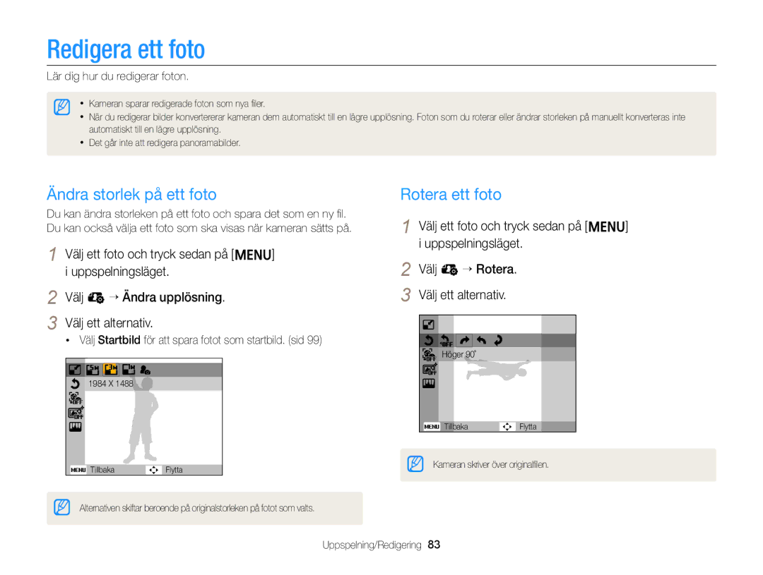 Samsung EC-ST79ZZBPWE2 manual Redigera ett foto, Ändra storlek på ett foto, Rotera ett foto, Lär dig hur du redigerar foton 