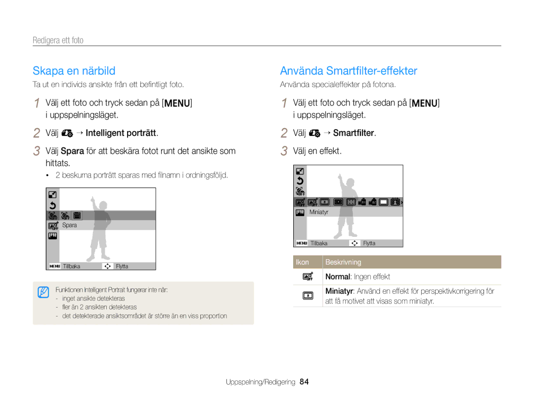 Samsung EC-ST76ZZFPWE2, EC-ST79ZZBPWE2, EC-ST76ZZBPRE2 manual Skapa en närbild Använda Smartﬁlter-effekter, Redigera ett foto 