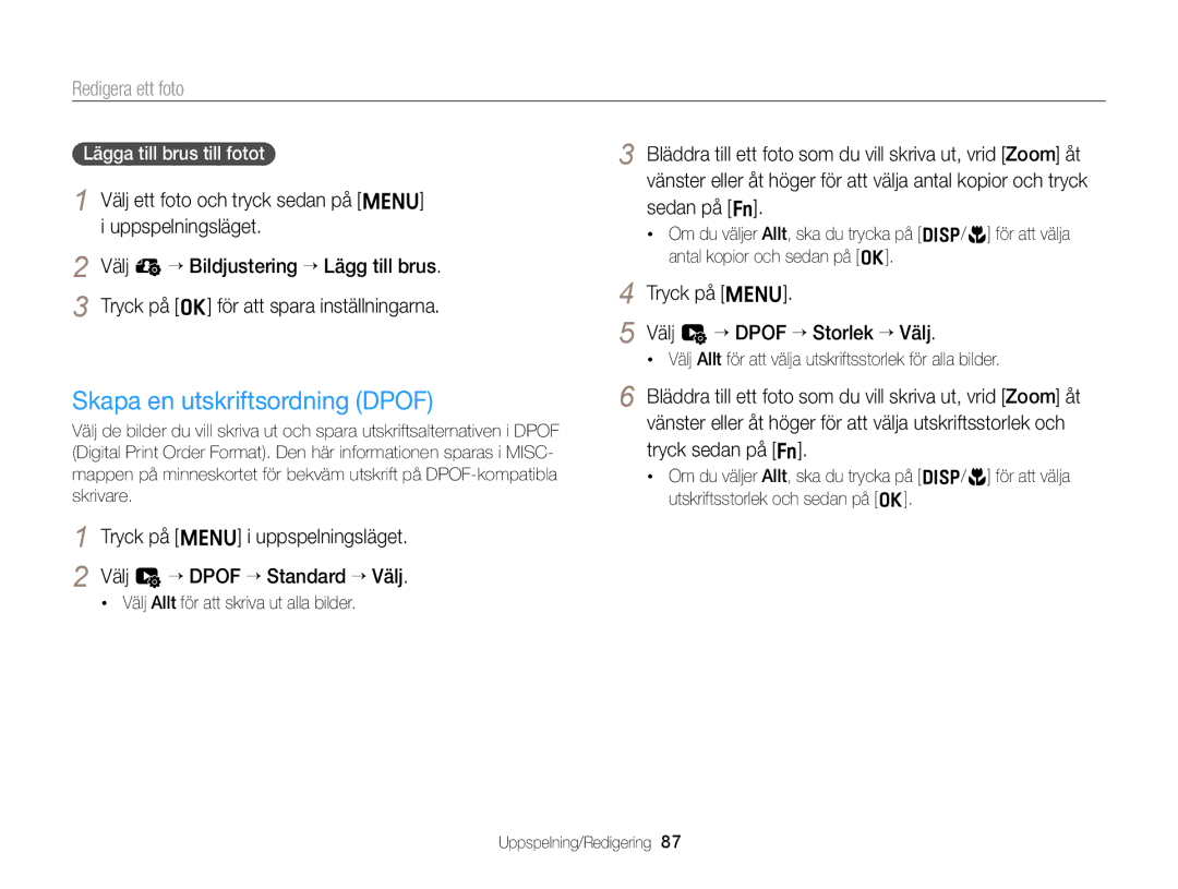 Samsung EC-ST76ZZFPLE2, EC-ST79ZZBPWE2 manual Skapa en utskriftsordning Dpof, Tryck på m Välj u “ Dpof “ Storlek “ Välj 