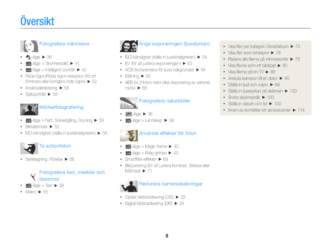 Samsung EC-ST76ZZBPWE2, EC-ST79ZZBPWE2, EC-ST76ZZFPWE2, EC-ST76ZZBPRE2, EC-ST76ZZBPSE2 manual Översikt, Fotografera människor 