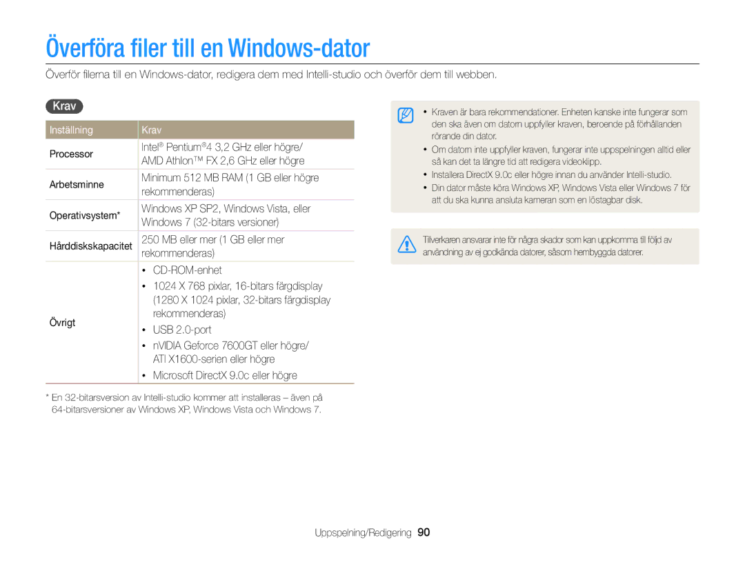 Samsung EC-ST77ZZBPRE2, EC-ST79ZZBPWE2, EC-ST76ZZFPWE2 manual Överföra ﬁler till en Windows-dator, Inställning Krav 