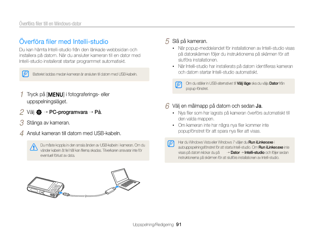 Samsung EC-ST79ZZFPBE2, EC-ST79ZZBPWE2 manual Överföra ﬁler med Intelli-studio, Överföra ﬁler till en Windows-dator 