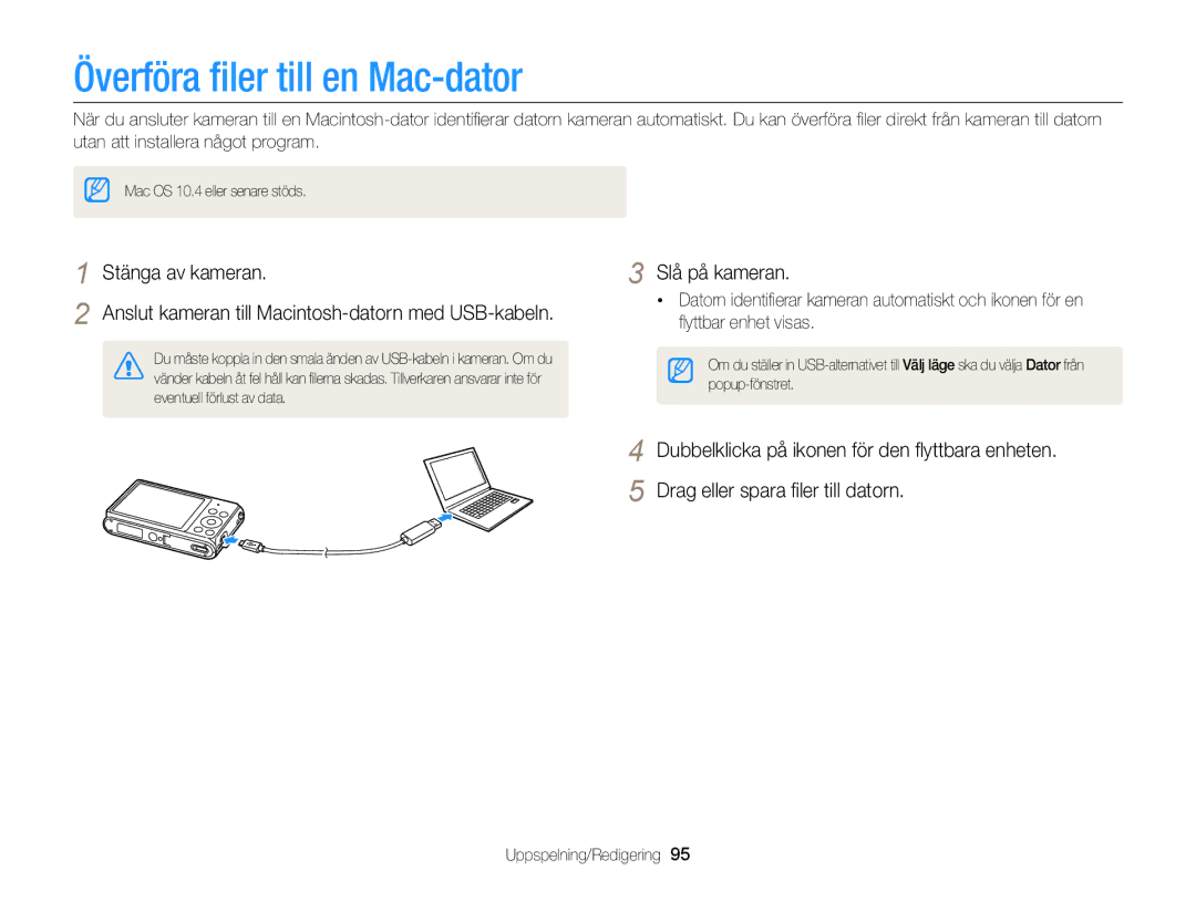 Samsung EC-ST79ZZFPWE2, EC-ST79ZZBPWE2, EC-ST76ZZFPWE2, EC-ST76ZZBPRE2, EC-ST76ZZBPSE2 manual Överföra ﬁler till en Mac-dator 