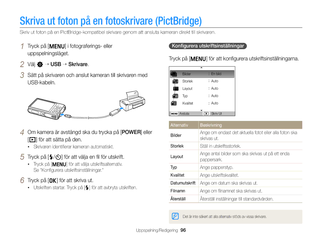 Samsung EC-ST77ZZBPBE2 manual Skriva ut foton på en fotoskrivare PictBridge, Tryck på F/t för att välja en ﬁl för utskrift 