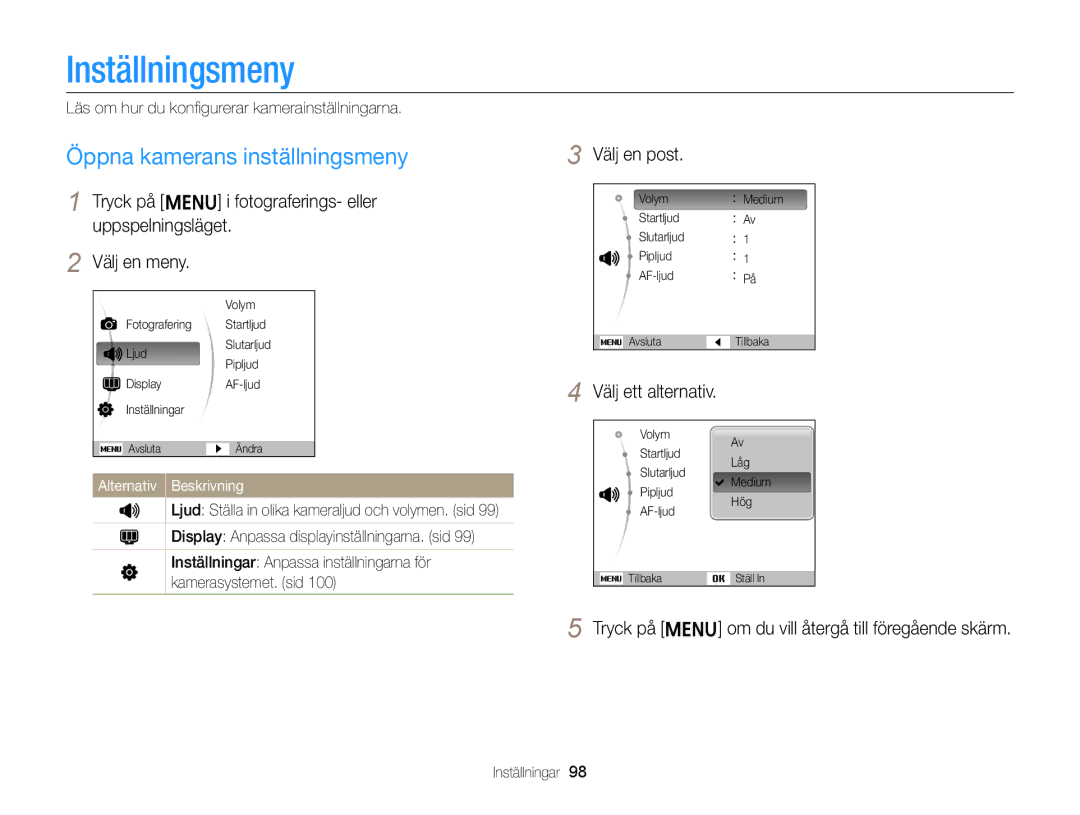 Samsung EC-ST76ZZFPWE2, EC-ST79ZZBPWE2, EC-ST76ZZBPRE2 manual Inställningsmeny, Öppna kamerans inställningsmeny, Välj en post 