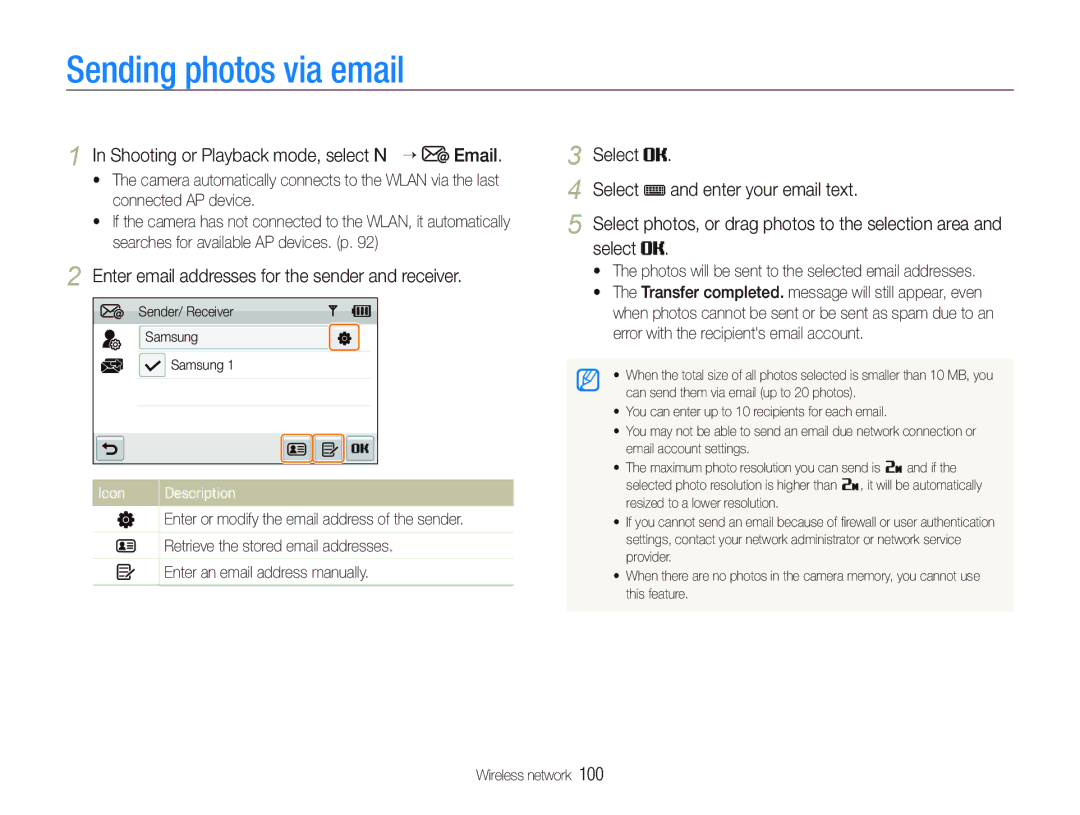 Samsung EC-ST80ZZDPBME, EC-ST80ZZBPBE1 manual Sending photos via email, Shooting or Playback mode, select N “ Email 