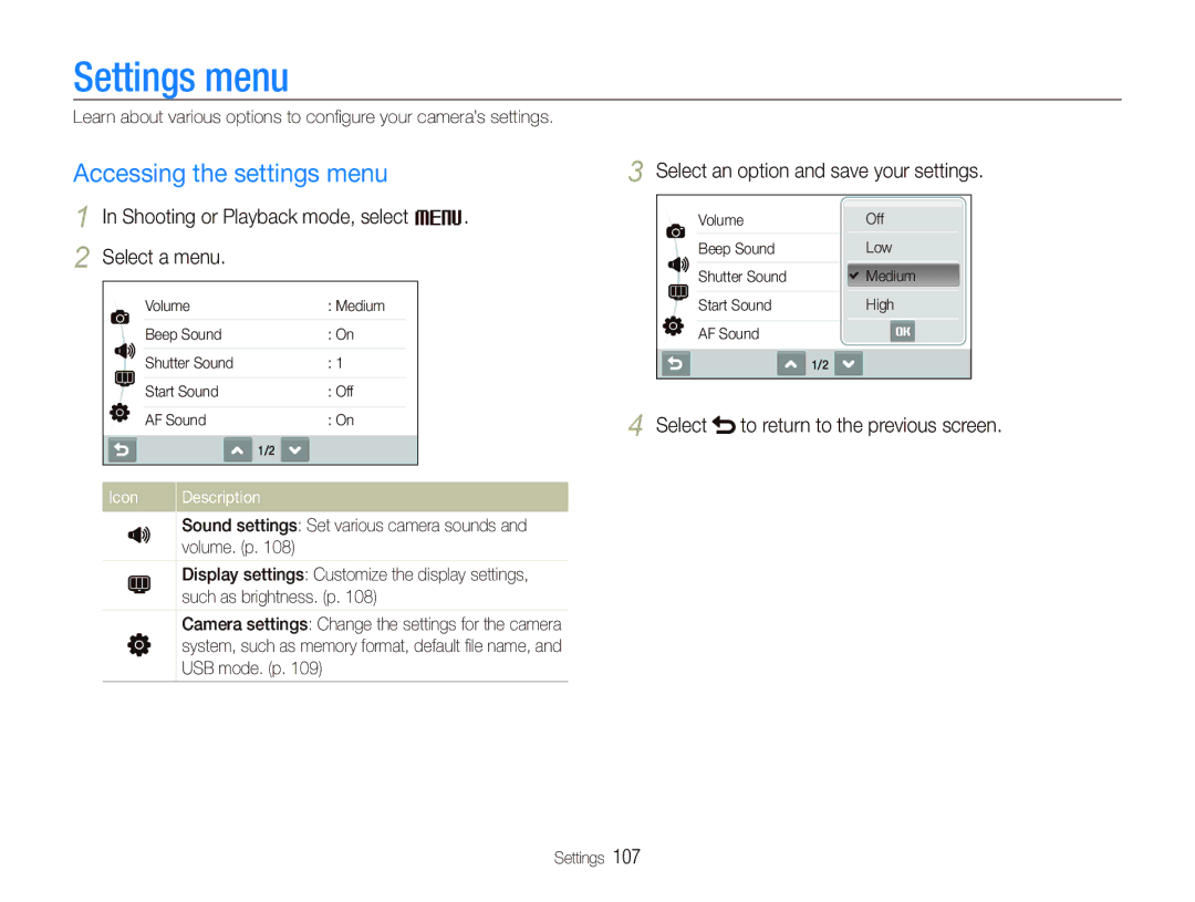 Samsung EC-ST80ZZBPBIT manual Settings menu, Accessing the settings menu, Shooting or Playback mode, select M Select a menu 