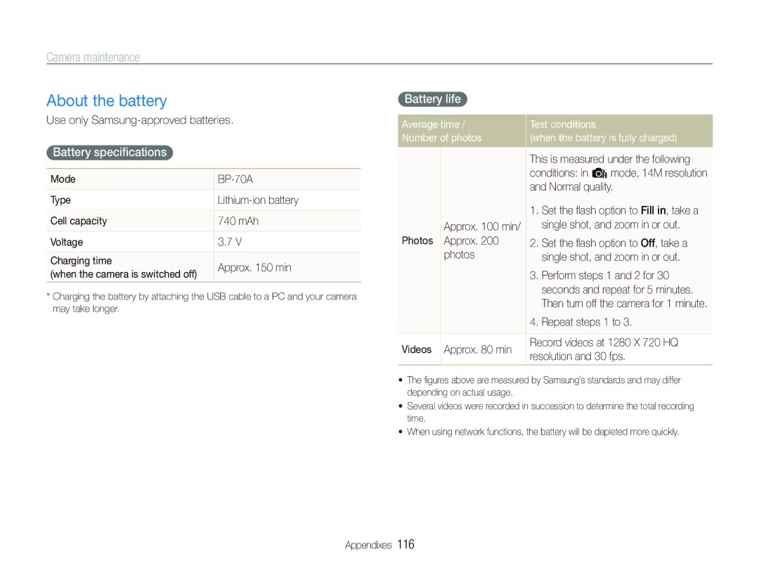 Samsung EC-ST80ZZBPPIL, EC-ST80ZZBPBE1, EC-ST80ZZBPWE1 manual About the battery, Battery speciﬁcations, Battery life 