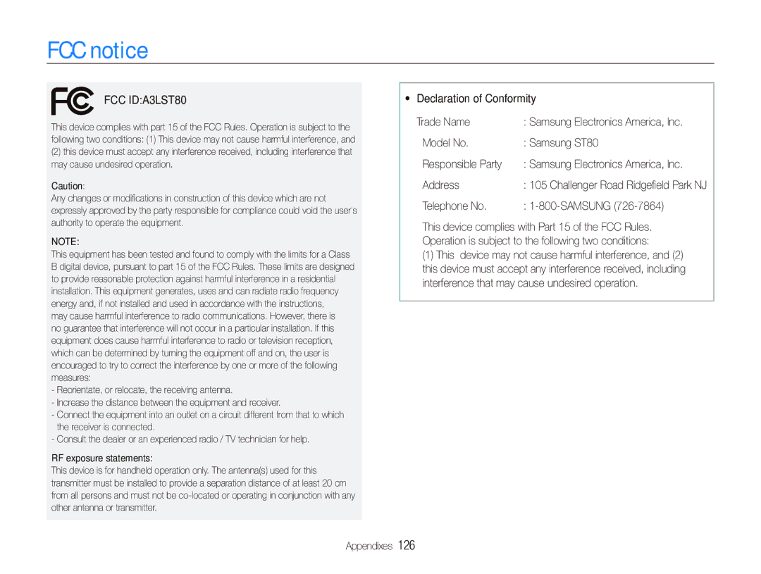 Samsung EC-ST80ZZBPWE3 manual FCC notice,  Declaration of Conformity Trade Name, Model No Samsung ST80 Responsible Party 