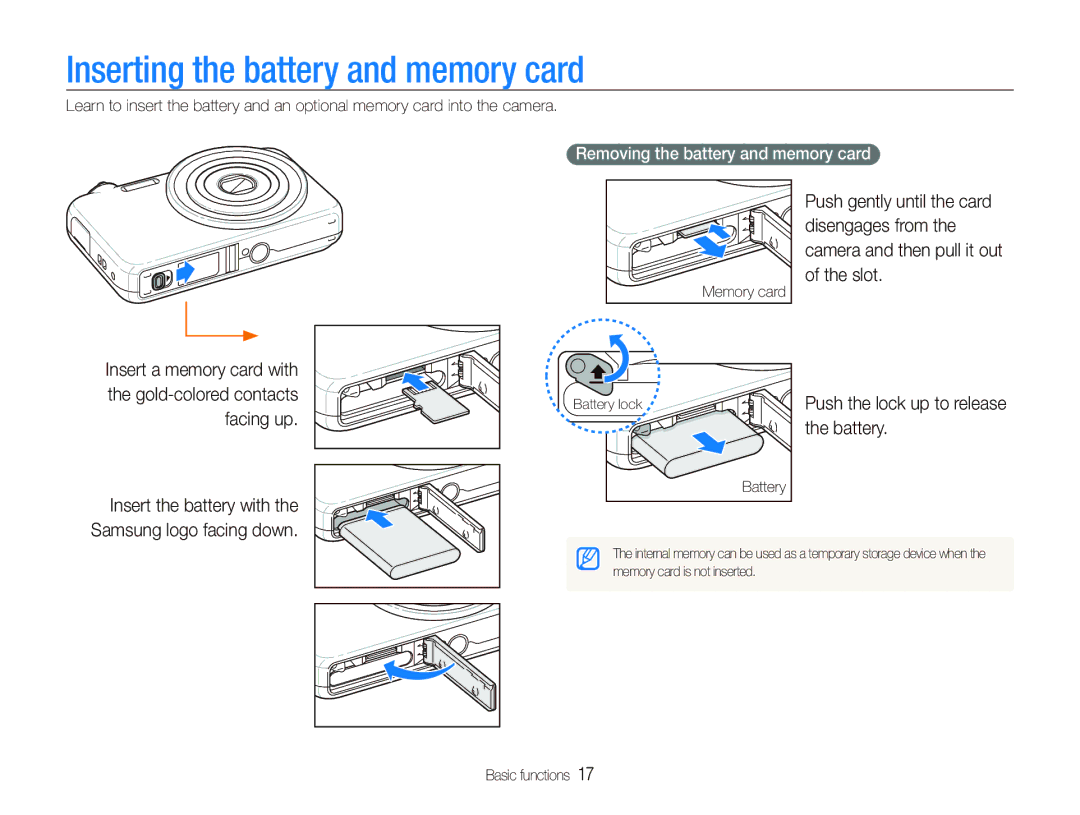 Samsung EC-ST80ZZBPBIT manual Inserting the battery and memory card, Battery, Removing the battery and memory card 