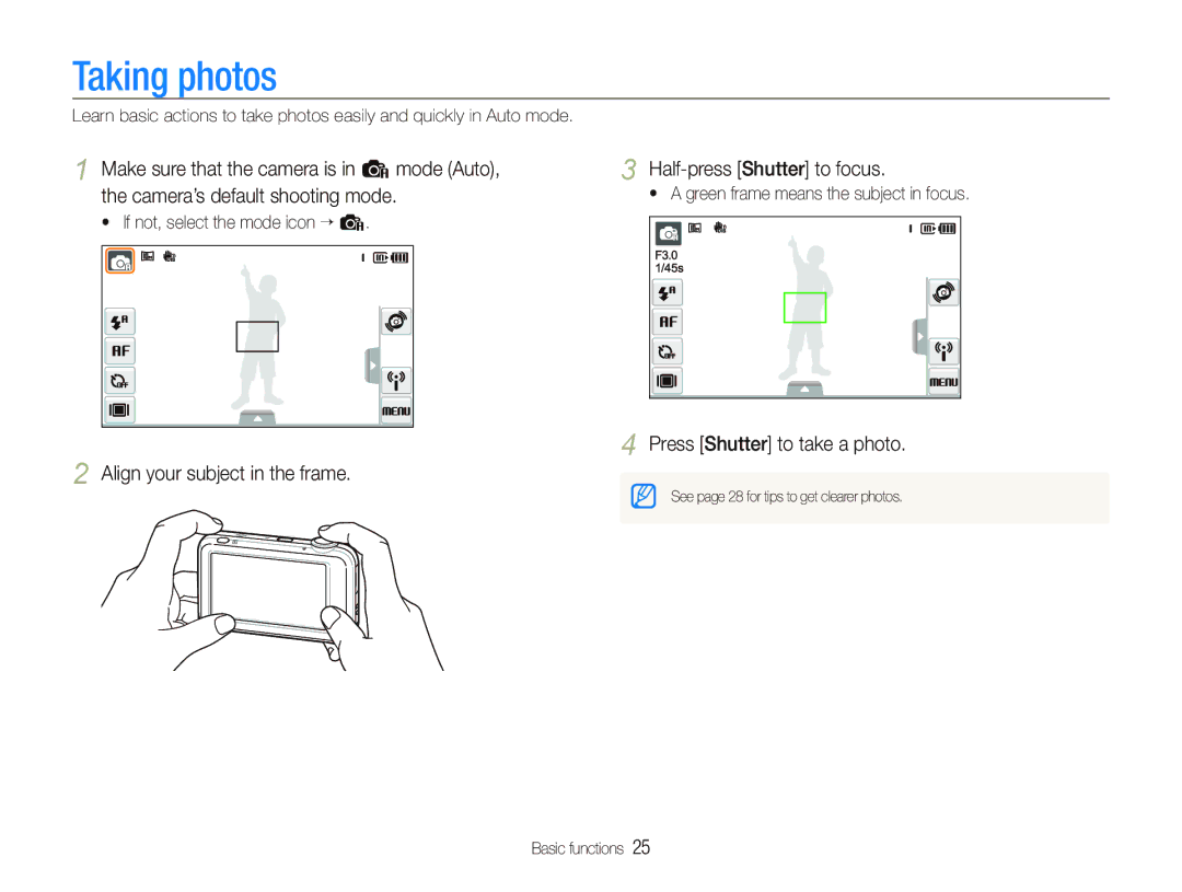 Samsung EC-ST80ZZDPBME, EC-ST80ZZBPBE1 manual Taking photos, Align your subject in the frame Half-press Shutter to focus 