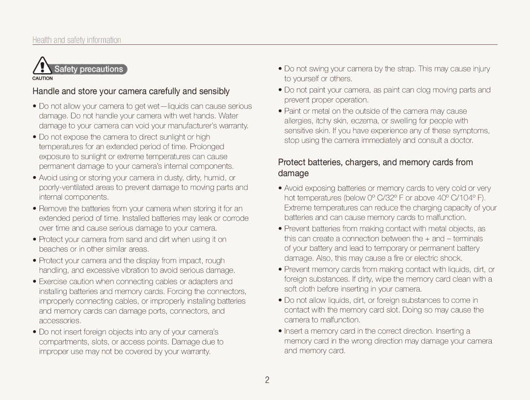 Samsung EC-ST80ZZBPBIT, EC-ST80ZZBPBE1 Health and safety information, Handle and store your camera carefully and sensibly 