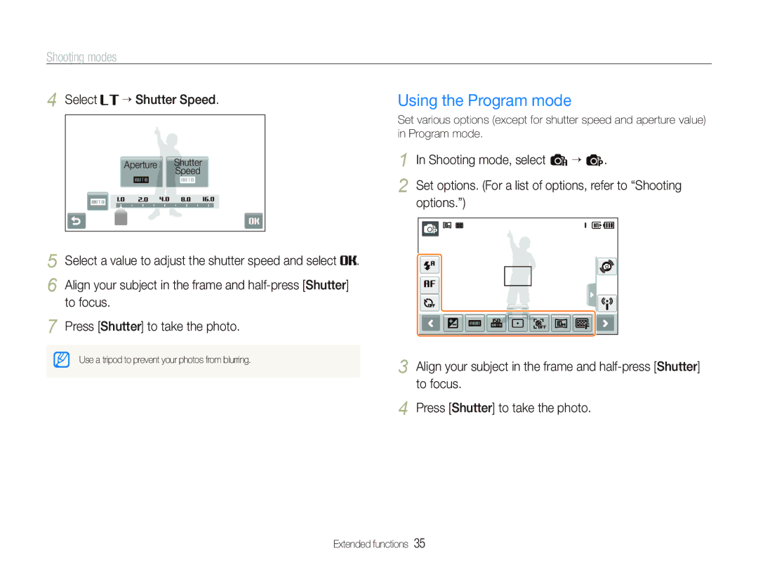 Samsung EC-ST80ZZBPUE3, EC-ST80ZZBPBE1, EC-ST80ZZBPWE1, EC-ST80ZZBPUE1 manual Using the Program mode, Select ““Shutter Speed 