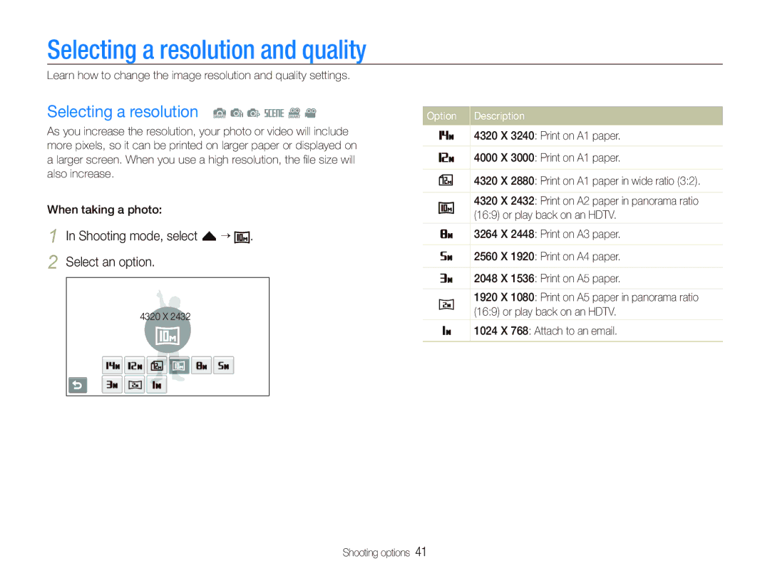 Samsung EC-ST80ZZBPPIL, EC-ST80ZZBPBE1, EC-ST80ZZBPWE1 Selecting a resolution and quality, Selecting a resolution S a p s D 