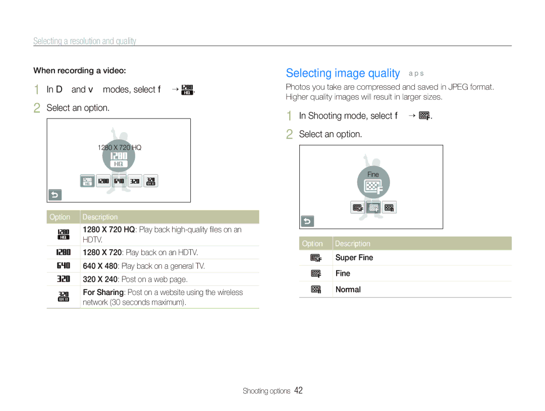 Samsung EC-ST80ZZDPWME, EC-ST80ZZBPBE1 manual Selecting image quality a p s, Selecting a resolution and quality, Option 