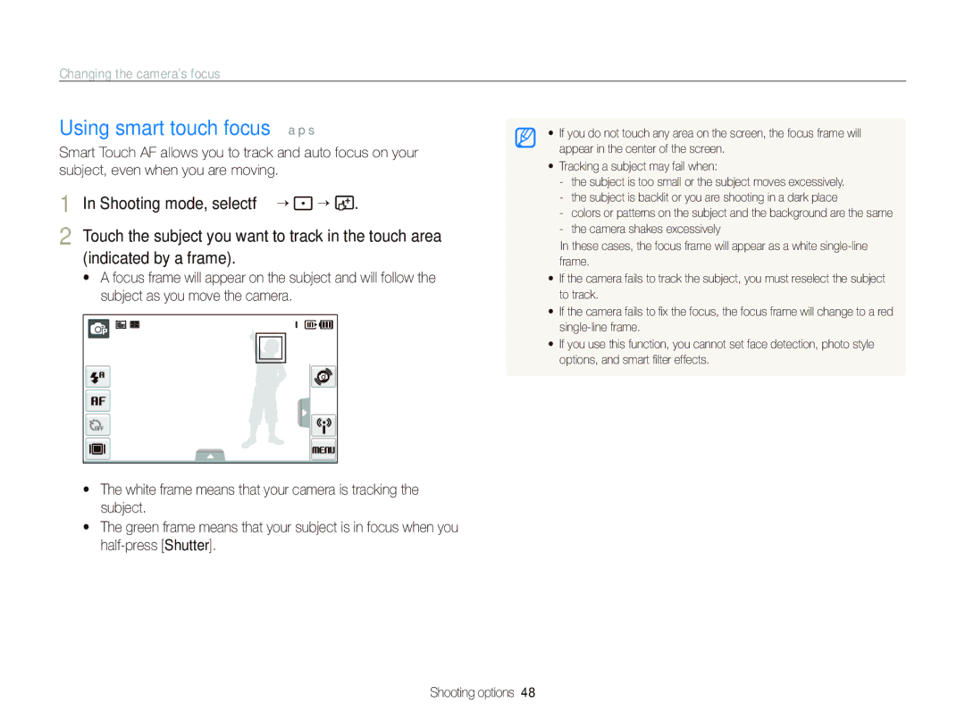 Samsung EC-ST80ZZBPBE3 manual Using smart touch focus a p s, Changing the camera’s focus, Shooting mode, select f “ 