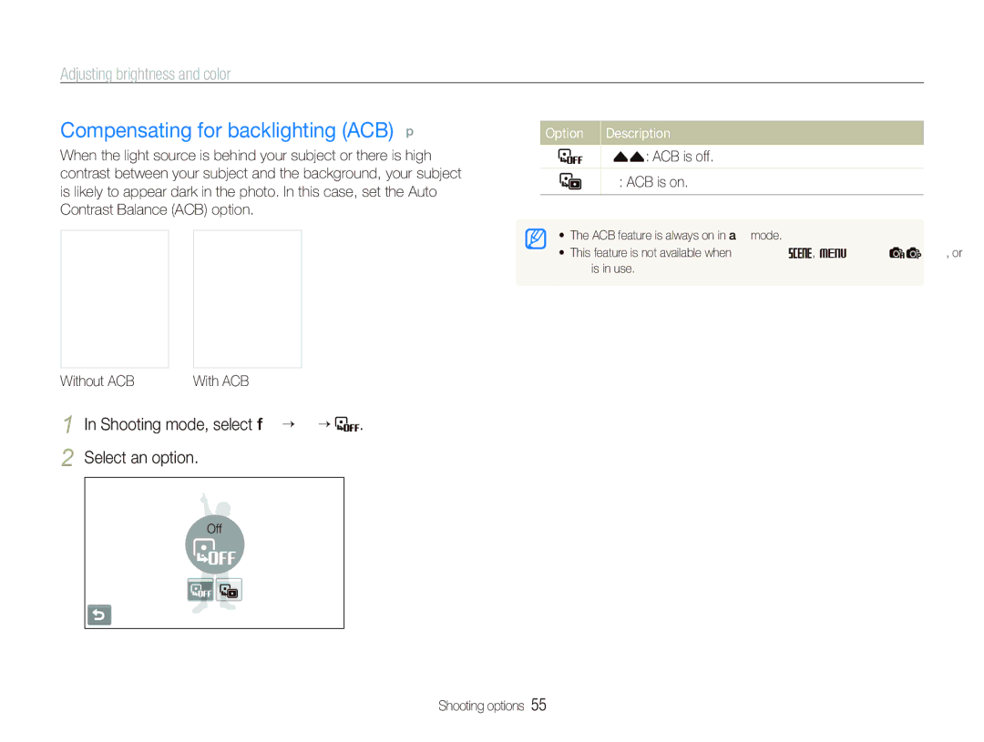 Samsung EC-ST80ZZDPBME Compensating for backlighting ACB p, Adjusting brightness and color, Shooting mode, select f ““ “ 