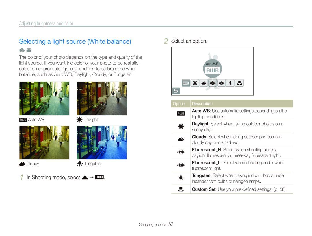 Samsung EC-ST80ZZDPWME manual Selecting a light source White balance, Shooting mode, select f ““, Auto WB Daylight Cloudy 