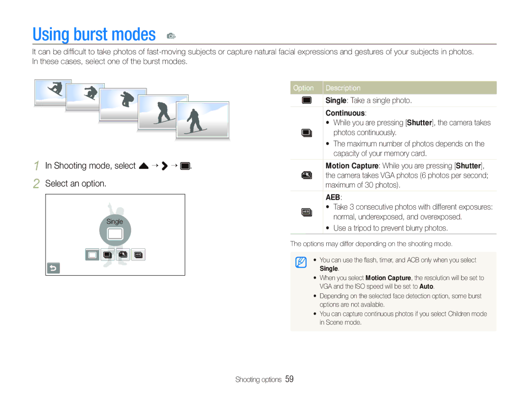 Samsung EC-ST80ZZBPBE1, EC-ST80ZZBPWE1, EC-ST80ZZBPUE1 manual Using burst modes p,  Use a tripod to prevent blurry photos 