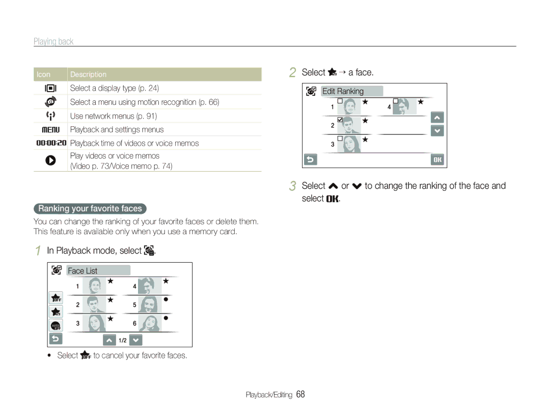 Samsung EC-ST80ZZBPPE2 Select “ a face, Playback mode, select, Select , or . to change the ranking of the face and select 