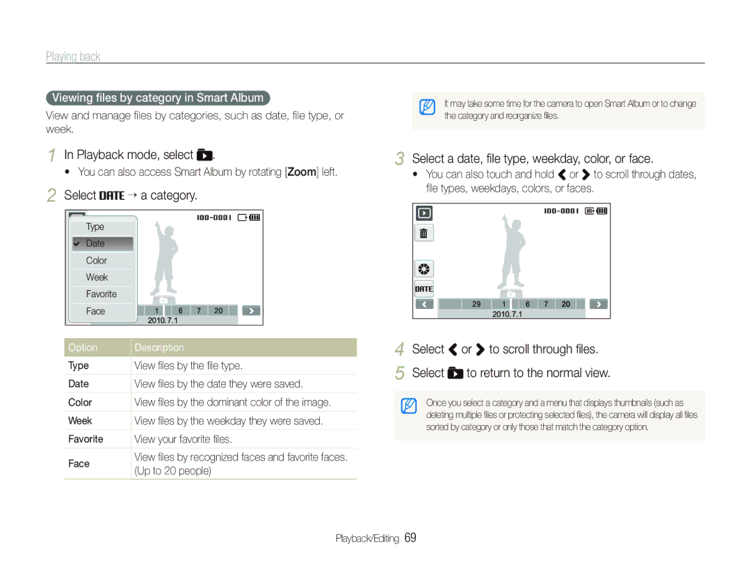 Samsung EC-ST80ZZBPBE2, EC-ST80ZZBPBE1 manual Select “ a category, Select a date, ﬁle type, weekday, color, or face 