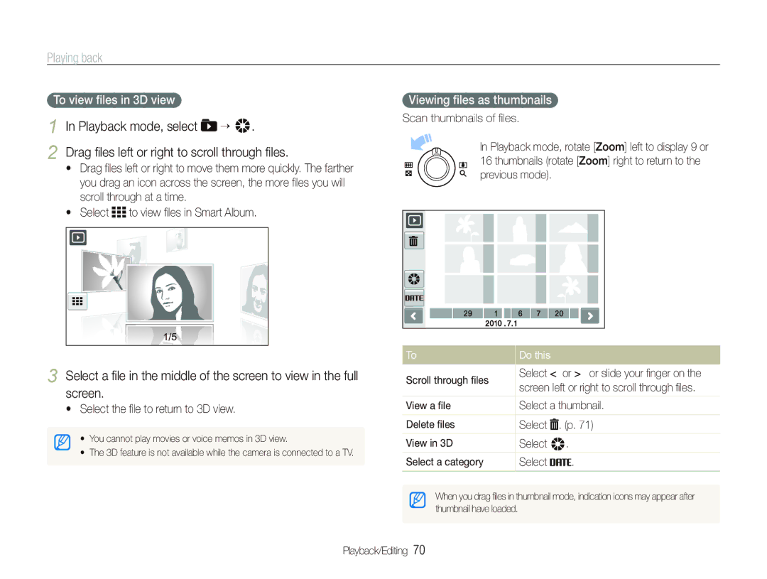 Samsung EC-ST80ZZDPBME, EC-ST80ZZBPBE1, EC-ST80ZZBPWE1 manual Viewing ﬁles as thumbnails, Do this, Scroll through ﬁles 