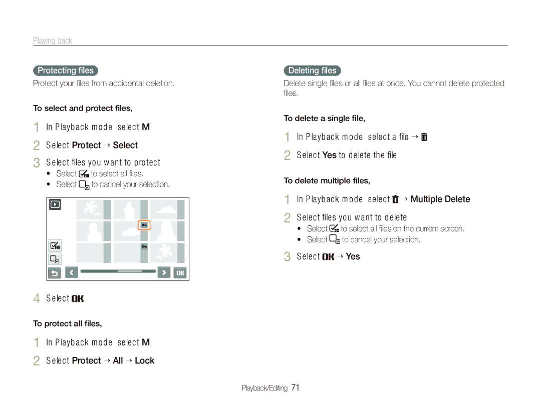 Samsung EC-ST80ZZBPPIL Playback mode, select M Select Protect ““All ““Lock, Select “ Yes, Protecting ﬁles, Deleting ﬁles 
