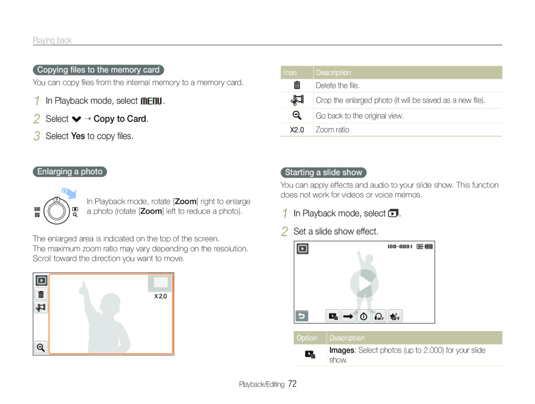 Samsung EC-ST80ZZDPWME Playback mode, select M Select . ““Copy to Card, Copying ﬁles to the memory card, Enlarging a photo 