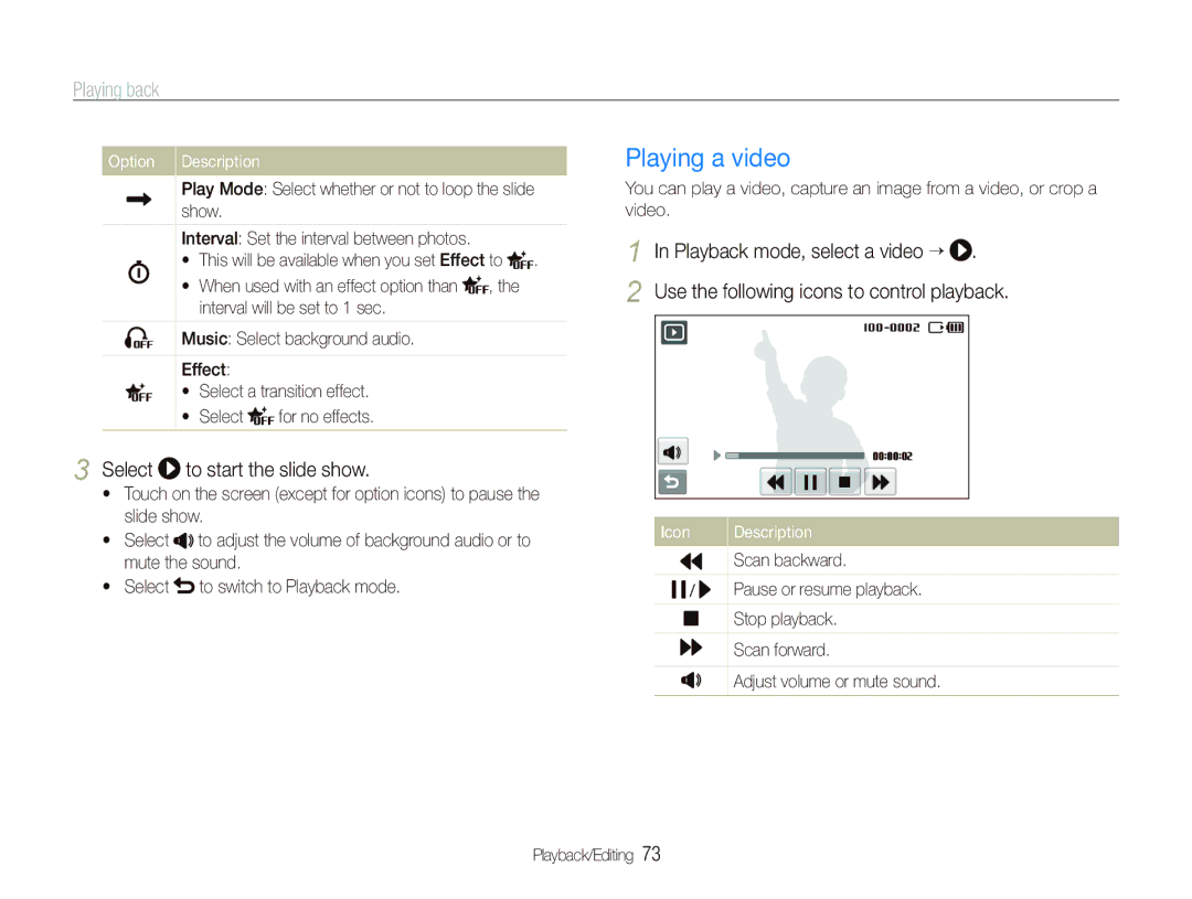 Samsung EC-ST80ZZDPPME, EC-ST80ZZBPBE1 Playing a video, Select to start the slide show, Playback mode, select a video “ 