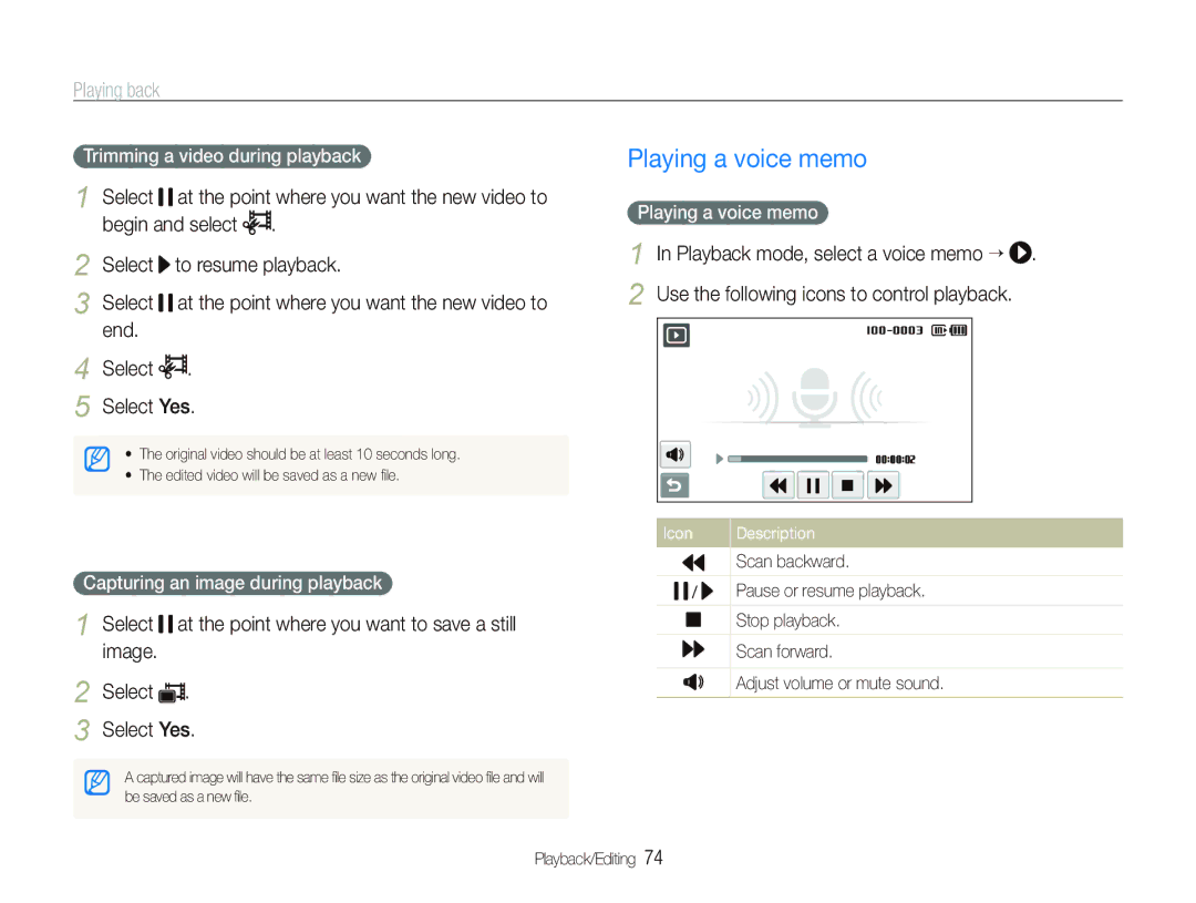 Samsung EC-ST80ZZBPBE1, EC-ST80ZZBPWE1 manual Playing a voice memo, Select To resume playback, End Select Select Yes 