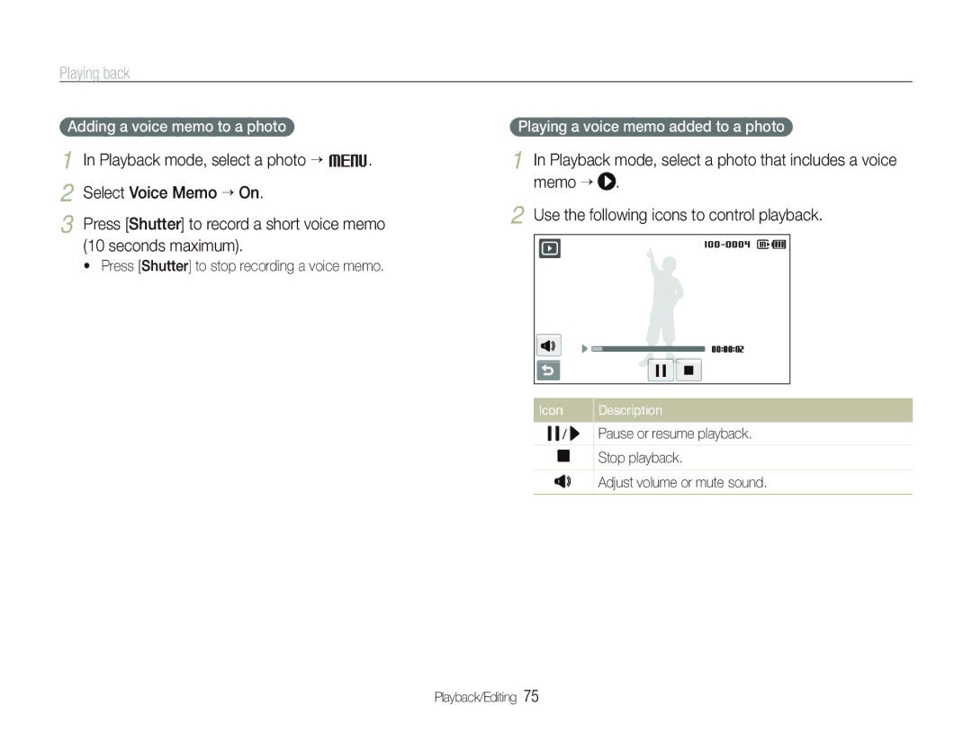 Samsung EC-ST80ZZBPWE1, EC-ST80ZZBPBE1 manual Adding a voice memo to a photo, Playing a voice memo added to a photo 