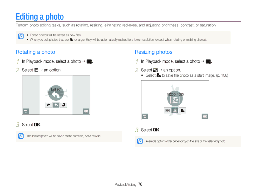 Samsung EC-ST80ZZBPUE1, EC-ST80ZZBPBE1, EC-ST80ZZBPWE1, EC-ST80ZZBPBIT Editing a photo, Rotating a photo, Resizing photos 