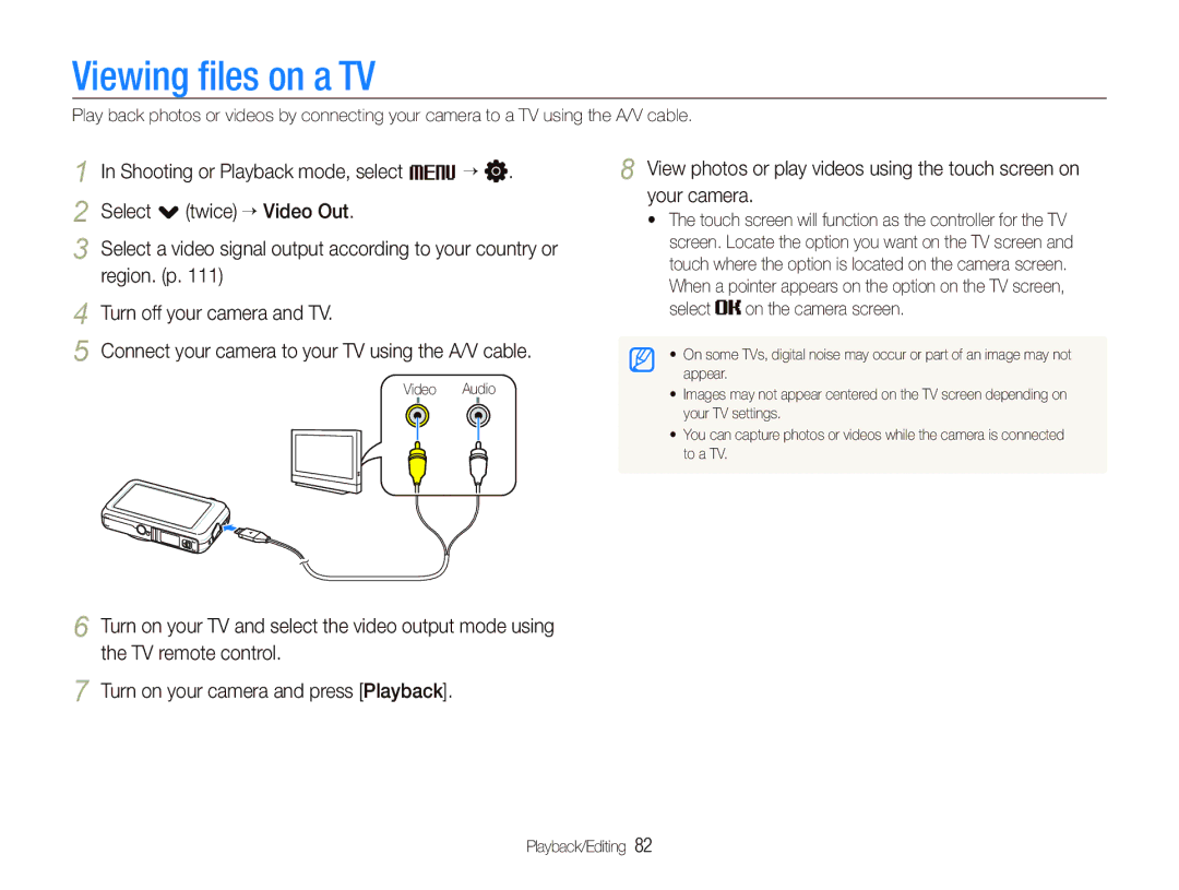 Samsung EC-ST80ZZBPWE2, EC-ST80ZZBPBE1, EC-ST80ZZBPWE1, EC-ST80ZZBPUE1 Viewing ﬁles on a TV, Select on the camera screen 