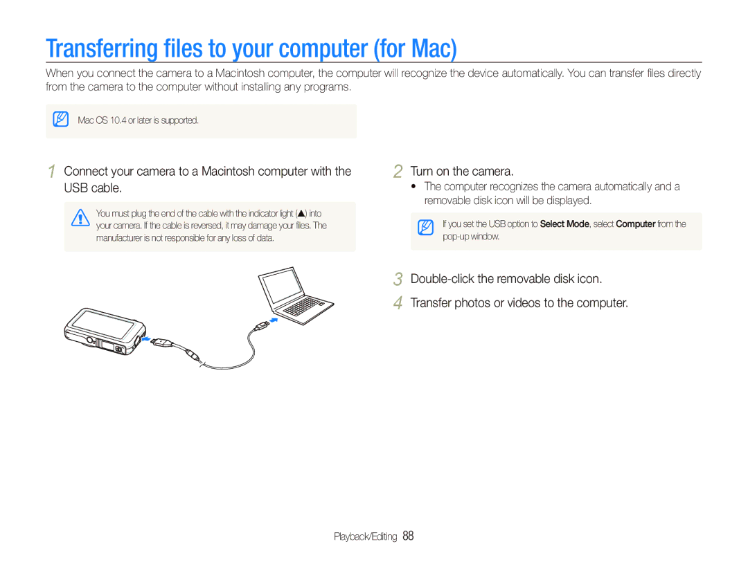 Samsung EC-ST80ZZDPPME, EC-ST80ZZBPBE1, EC-ST80ZZBPWE1, EC-ST80ZZBPUE1 manual Transferring ﬁles to your computer for Mac 