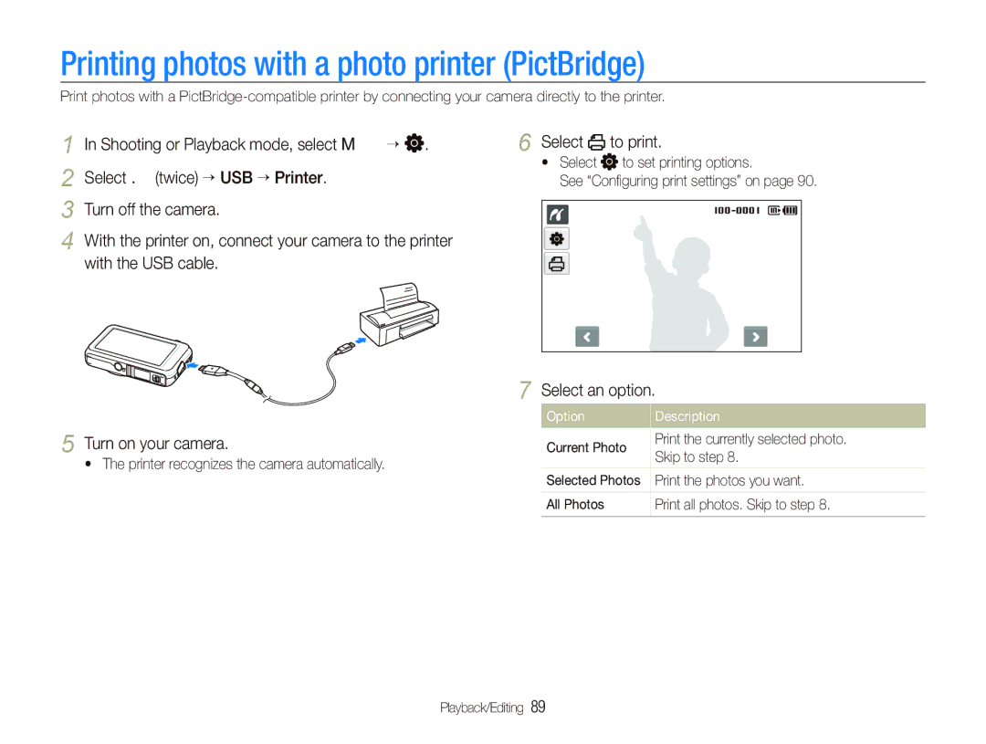 Samsung EC-ST80ZZBPBE1 Printing photos with a photo printer PictBridge, Select . twice ““USB ““Printer, With the USB cable 