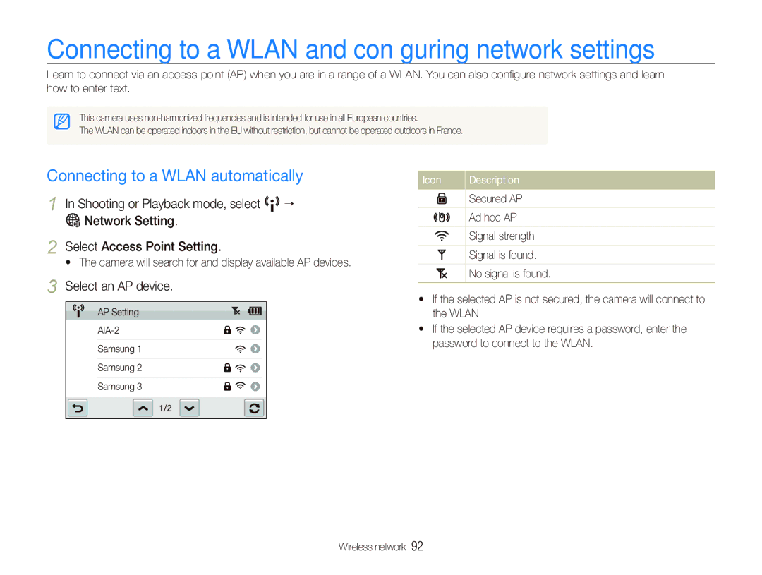 Samsung EC-ST80ZZBPBIT manual Connecting to a Wlan and conﬁguring network settings, Connecting to a Wlan automatically 