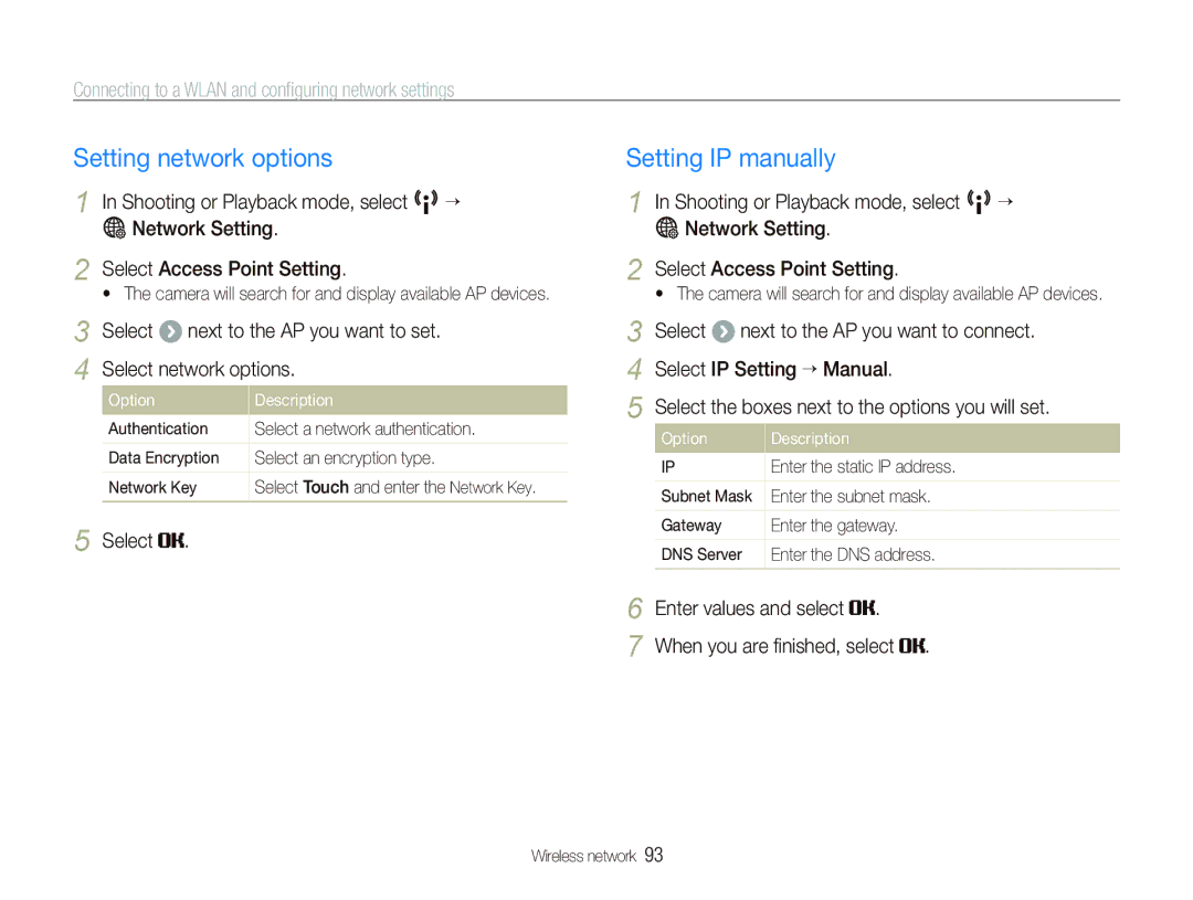 Samsung EC-ST80ZZBPBE3 Setting network options, Setting IP manually, Connecting to a Wlan and conﬁguring network settings 