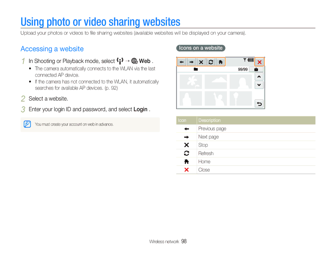 Samsung EC-ST80ZZBPPE2, EC-ST80ZZBPBE1 manual Using photo or video sharing websites, Accessing a website, Icons on a website 