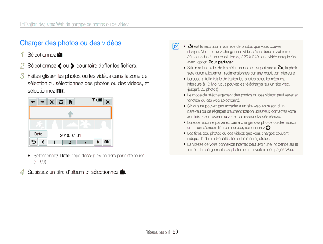 Samsung EC-ST80ZZBPWE1 manual Charger des photos ou des vidéos, Utilisation des sites Web de partage de photos ou de vidéos 