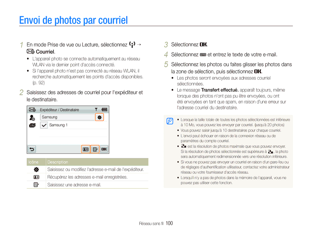 Samsung EC-ST80ZZBPUE1 manual Envoi de photos par courriel, En mode Prise de vue ou Lecture, sélectionnez N “ Courriel 