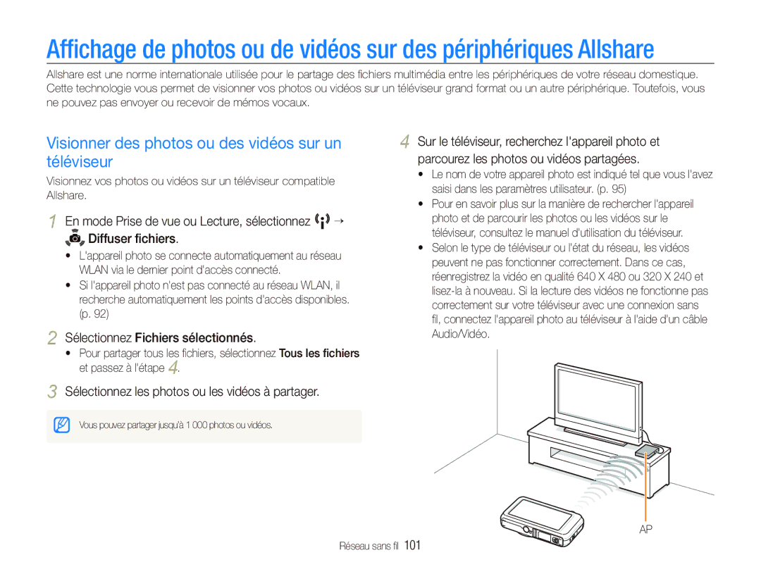 Samsung EC-ST80ZZBPBE1 manual Visionner des photos ou des vidéos sur un téléviseur, Sélectionnez Fichiers sélectionnés 