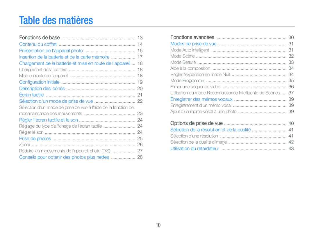 Samsung EC-ST80ZZBPUE1, EC-ST80ZZBPBE1, EC-ST80ZZBPWE1 manual Table des matières 